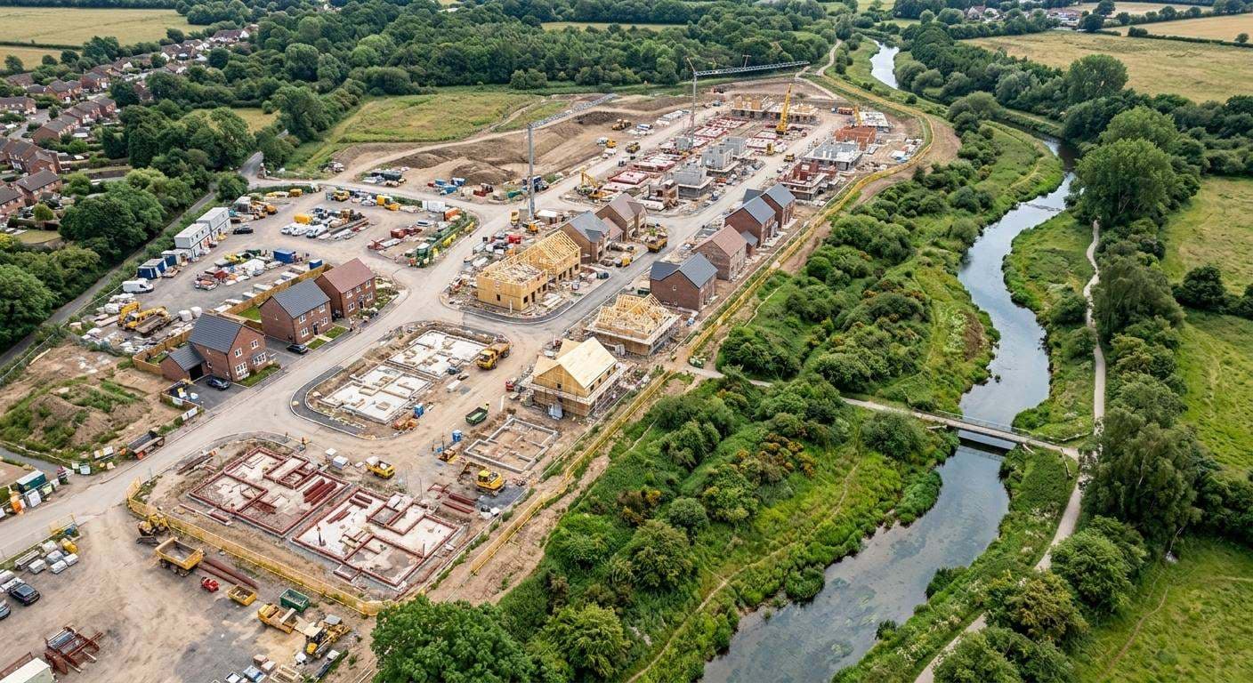 Aerial view of a UK residential construction site beside a watercourse