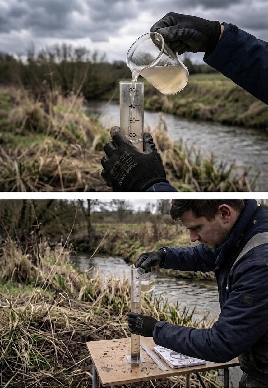 Pouring a water sample into the turbidity tube beside a river