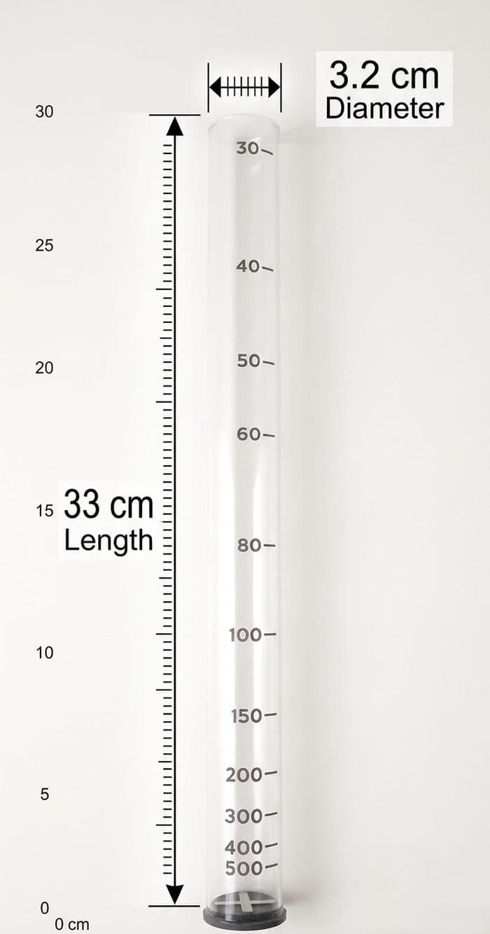 Turbidity tube dimensions: 33cm length, 3.2cm diameter